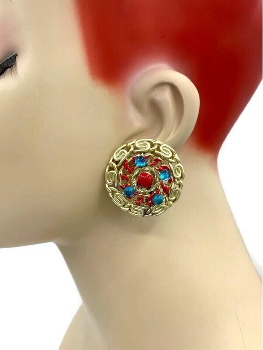 Lisner Red Enamel Sky Blue Lucite Cabochon Wrapped Chain Clip Earrings TT32